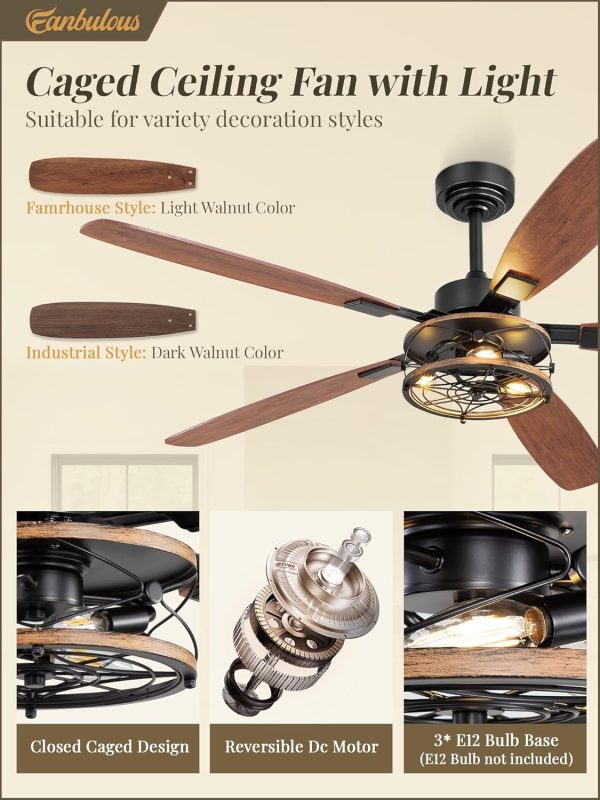 60 Inch Farmhouse Ceiling Fan with Light and Remote, Black Industrial Caged Flush Mount Ceiling Fans with 6 Speed Reversible Motor and Dual Finish 5 Blades, Rustic Ceiling Fan for Living room, Bedroom
