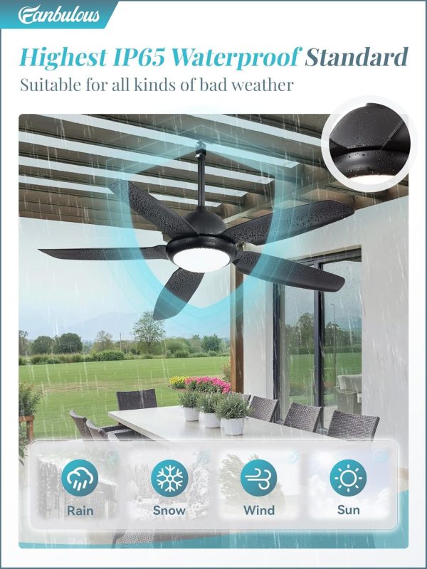 52 Inch Waterproof Outdoor Ceiling Fan with Lights and Remote,IP65 Hanging Gazebo Fan with 3CCT 6-Speed DC Motor,Black Wet Rated Plug in Ceiling Fan with Cord for Patios Porch Pergola