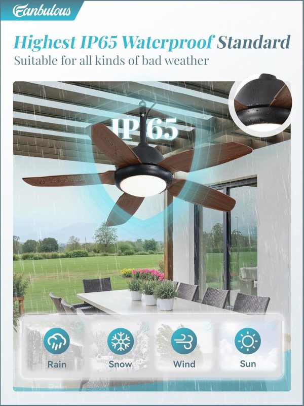 42 Inch Wet Rated Outdoor Ceiling Fan with Lights and Remote,IP65 Hanging Gazebo Fan with 3CCT 6-Speed DC Motor,Brown Waterproof Plug in Ceiling Fan with Cord for Patios Porch Pergola Pavilion
