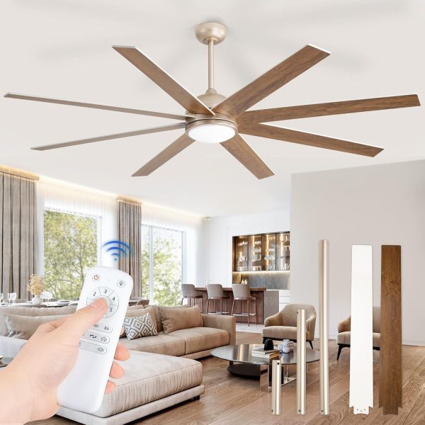 Ceiling Fans with Lights, 72 inch Large Ceiling Fan with Light and Remote, Champaign Gold Ceiling Fan for Living Room Patio, 6 Speeds, Reversible Quiet DC Motor, 3 CCT, Bi-color 8 Blades
