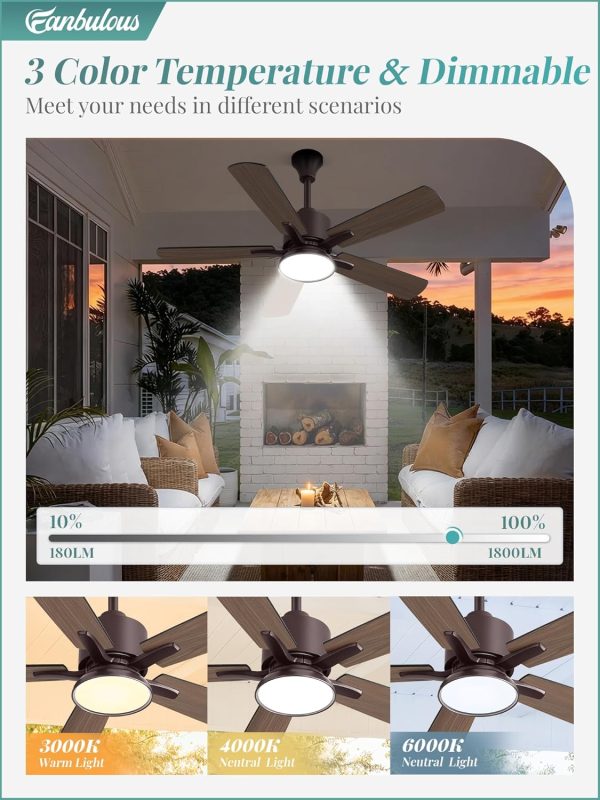 Outdoor Ceiling Fans with Light for Patios, IP65 Waterproof Gazebo Fan, Plug in Ceiling Fan with Remote, 3CCT 6-Speed Oil-Bronze Ceiling Fan with Hanging Hook for Porch, Pergola,Canopy