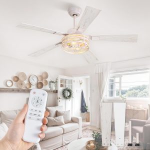 819Md9CIsqL._AC_SL1500_.jpg Farmhouse Ceiling Fans with Light, 48 Inch Bedroom Ceiling Fan with Lights, 6-Speed Adjustable, Quiet and Reversible DC Motor, 5 Dual Finish Blades, Rustic Caged Ceiling FanWhite and Gold Color