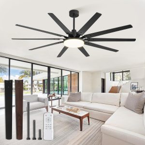 72 inch Large Ceiling Fans with Lights and Remote, Outdoor Black Ceiling Fan with 10 Blades, 32W LED light 3 CCT, 6 Speed Reversible Quiet DC Motor, Modern Ceiling Fan for Living Room Patio