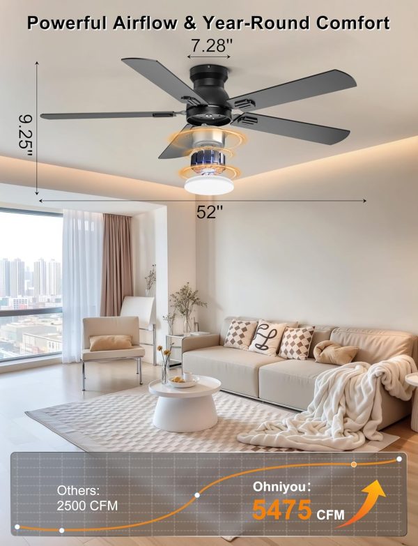 Ceiling Fans with Lights, 52 Inch Low Profile Ceiling Fan with Light and Remote/APP Control, Flush Mount, Dimmable, Qiuet DC Motor, Black Ceiling Fan for Bedroom, Living Room
