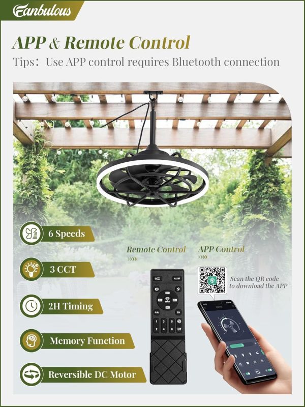 Outdoor Ceiling Fans with Light for Patios, 20" Weatherproof Plug in Ceiling Fan, Gazebo Fan Remote&APP Control, 3CCT Dimmable,Caged Ceiling Fan with Hanging Hook for Porch, Pergola,Canopy