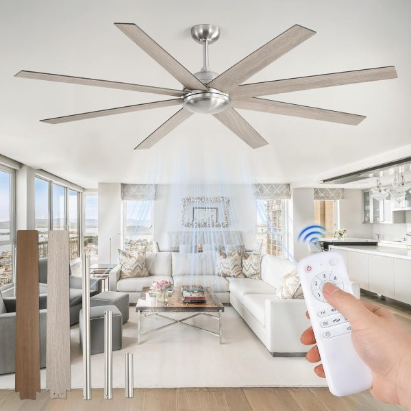 72 Inch large Ceiling Fans without Lights, Brushed Nickel Modern Ceiling Fan, 6-Speeds, Quiet Reversible DC Motor, Indoor/Outdoor Ceiling Fan with Remote for Patio, Living Room, Bedroom