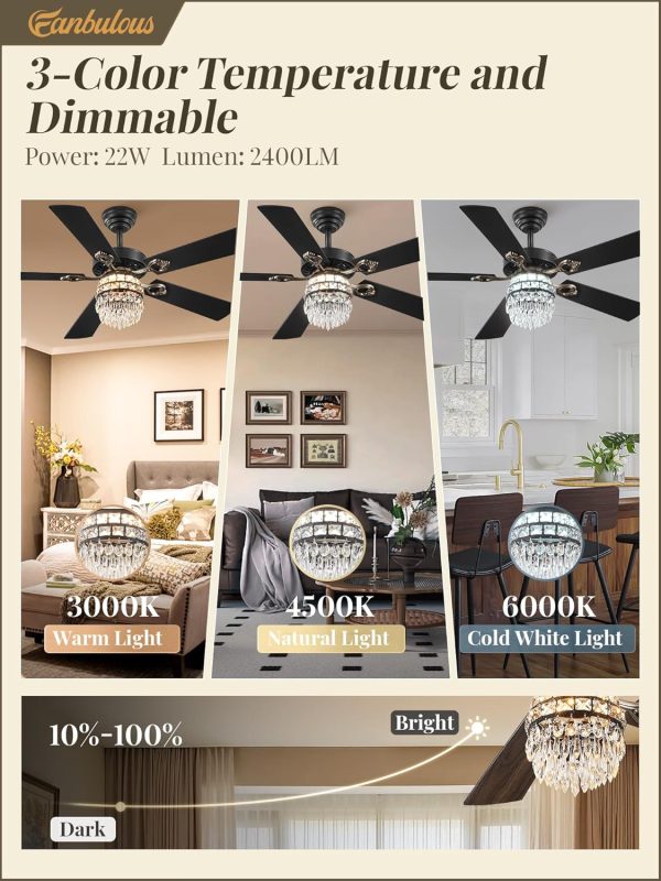 48 Inch Crystal Chandelier Fan with 22w LED, Fandelier Ceiling Fan with Light, Dimmable, 3CCT, 6-Speeds, Quiet DC Motor, Ceiling Fan Chandeliers, Modern Ceiling Fans for Bedroom, Living Room