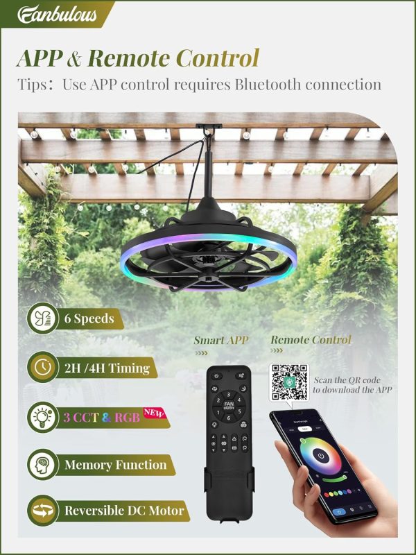 Outdoor RGB Ceiling Fans with Light for Patios, 20" Waterproof Plug in Ceiling Fan, Gazebo Fan Remote&APP Control, 3CCT Dimmable,Caged Ceiling Fan with Hanging Hook for Porch, Pergola