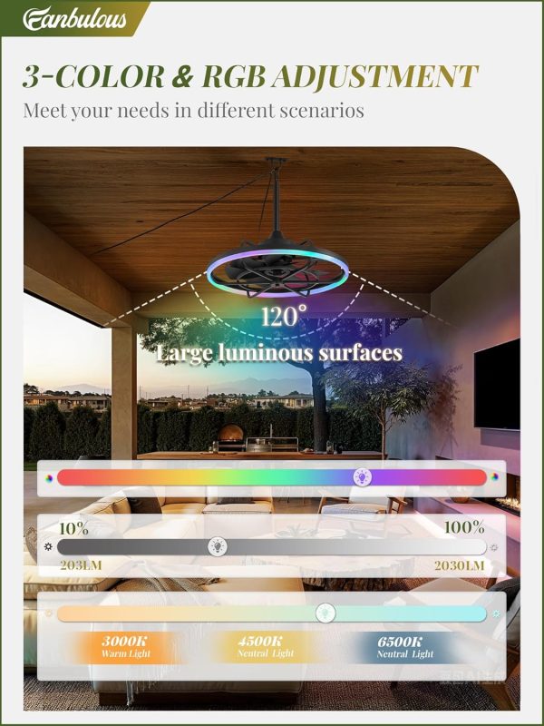 Outdoor RGB Ceiling Fans with Light for Patios, 24" Waterproof Plug in Ceiling Fan, Gazebo Fan Remote&APP Control, 3CCT Dimmable,Caged Ceiling Fan with Hanging Hook for Porch, Pergola