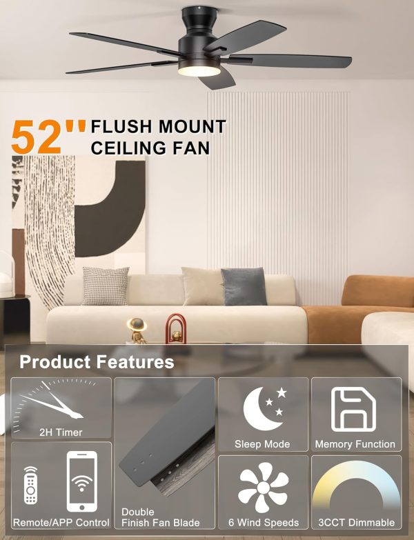 Ceiling Fans with Lights, Low Profile Ceiling Fan with Light and Remote/APP Control, Modern Flush Mount Ceiling Fan for Indoor Bedroom Living Room, Dimmable, Qiuet DC Motor, Black
