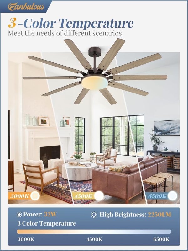 65 inch Large Oil Rubbed Bronze Ceiling Fans with Lights and Remote, Indoor/Outdoor Farmhouse Ceiling Fan with 10 Blades, 32W LED Light 3 CCT, 6 Speed Reversible Quiet DC Motor, Dual Finish Blades