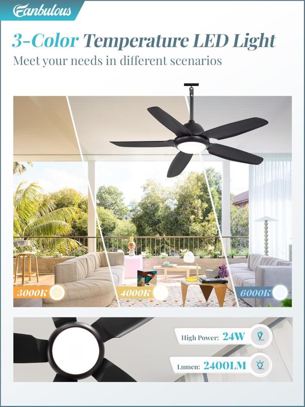 52 Inch Waterproof Outdoor Ceiling Fan with Lights and Remote,IP65 Hanging Gazebo Fan with 3CCT 6-Speed DC Motor,Black Wet Rated Plug in Ceiling Fan with Cord for Patios Porch Pergola