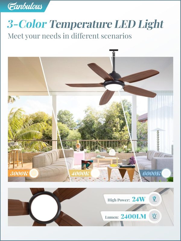 52 Inch Wet Rated Outdoor Ceiling Fan with Lights and Remote,IP65 Hanging Gazebo Fan with 3CCT 6-Speed DC Motor,Brown Waterproof Plug in Ceiling Fan with Cord for Patios Porch Pergola Pavilion