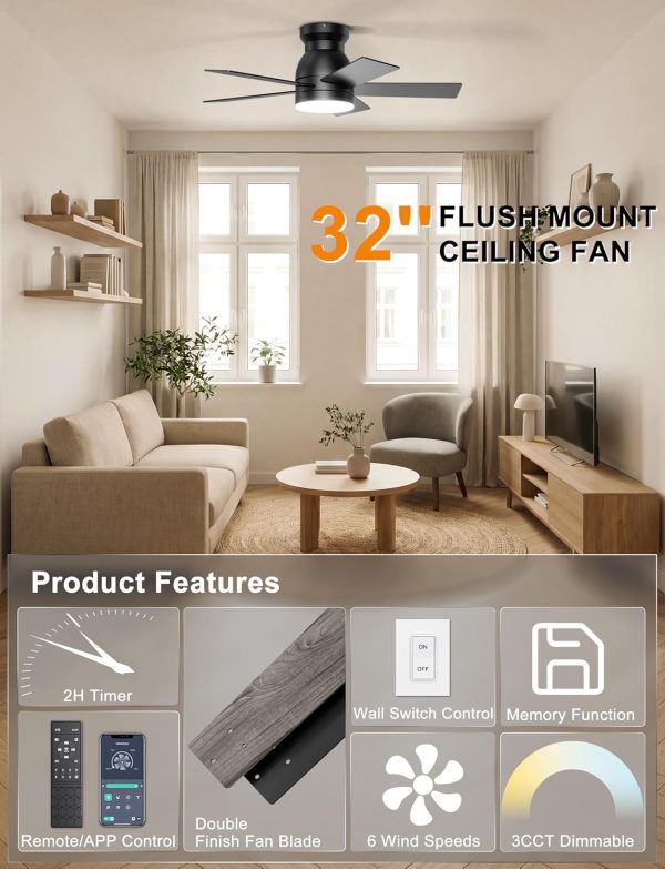 Ceiling Fans with Lights, 32 Inch Low Profile Ceiling Fan with Light and Remote/APP Control, Flush Mount, Dimmable, Qiuet DC Motor, Black Small Indoor Ceiling Fan for Bedroom, Kitchen