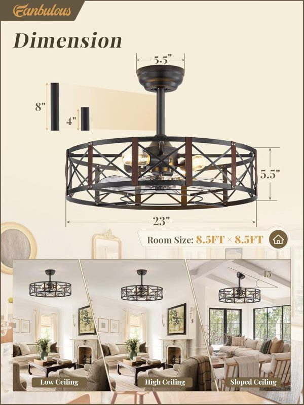 23 Inch Fandelier Caged Ceiling Fans with Lights and Remote, Black Bladeless Ceiling Fan with 6 Speeds and Timing, Farmhouse Samll Fan Lights Ceiling Fixtures For Kitchen, Bedroom-Walnut