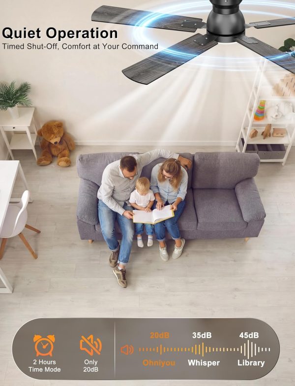 Ceiling Fans with Lights, 52 Inch Low Profile Ceiling Fan with Light and Remote/APP Control, Flush Mount, Dimmable, Qiuet DC Motor, Black Ceiling Fan for Bedroom, Living Room