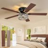 56 Inch Low Profile Chandelier Ceiling Fan with Light, Crystal Ceiling fan with Lights, 6-Speeds, Quiet Reversible DC Motor, Black Flush Mount Ceiling Fans with Remote for Bedroom, Living Room