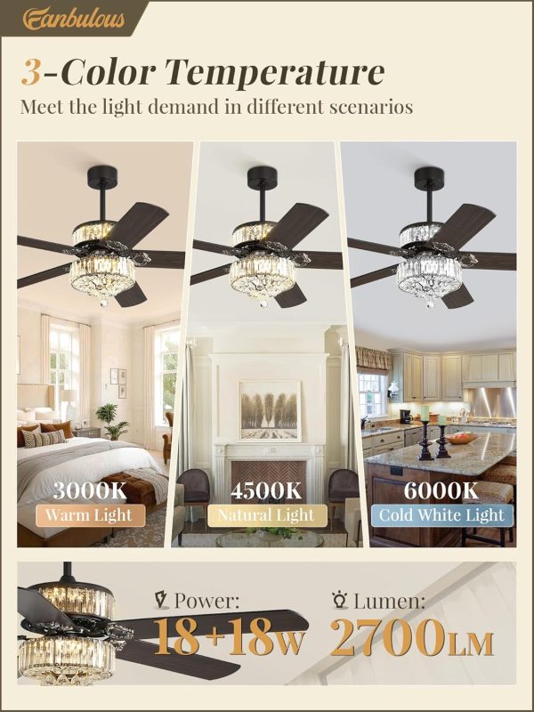 52 Inch Crystal Fandaliers Ceiling Fan with Double-layer LED Light, Chandelier Ceiling fans, 3CCT, 6-Speeds, Quiet DC Motor, Farmhouse Ceiling Fans with Light, Black Ceiling Fan for Bedroom