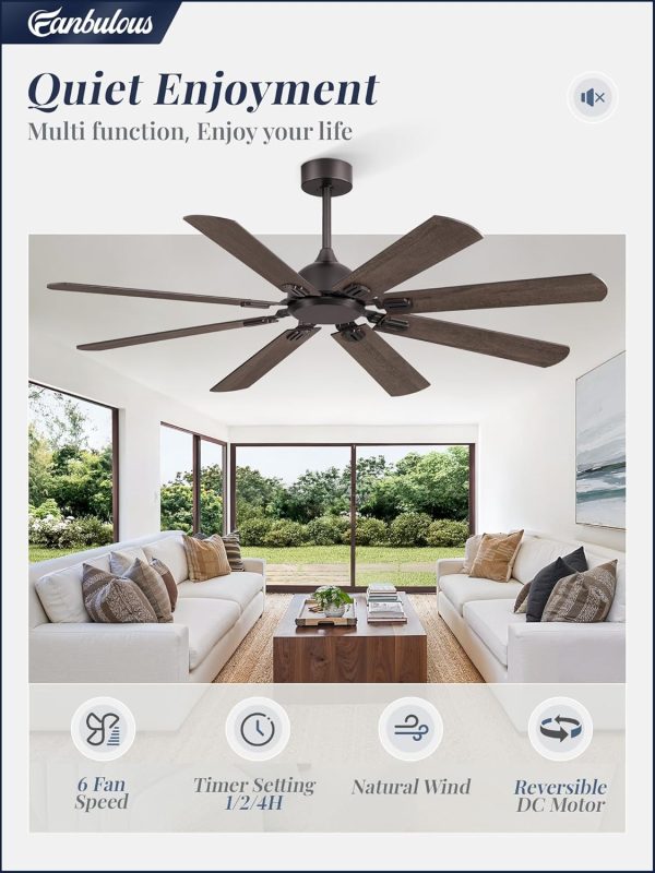 62 Inch Ceiling Fans No Light with Remote, Modern Ceiling Fan without Light, Dual Finish 8 Blades, Reversible DC Motor, 6 Speed, Large Ceiling Fan for Indoor or Covered Outdoor, Oil Bronze