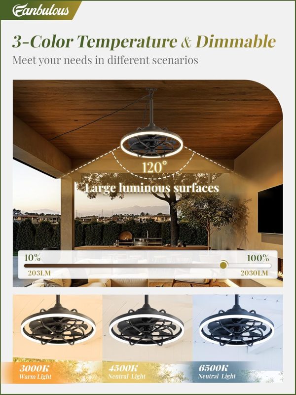Outdoor Ceiling Fans with Light for Patios, 20" Weatherproof Plug in Ceiling Fan, Gazebo Fan Remote&APP Control, 3CCT Dimmable,Caged Ceiling Fan with Hanging Hook for Porch, Pergola,Canopy