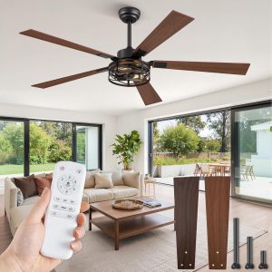 81E-j14ZaNL._AC_SL1500_.jpg Farmhouse Ceiling Fans with Light, 60 Inch Bedroom Ceiling Fan with Lights, 6-Speed Adjustable, Quiet and Reversible DC Motor, Dual Finish 5 Blades, Rustic Caged Black Ceiling Fan for Living Room