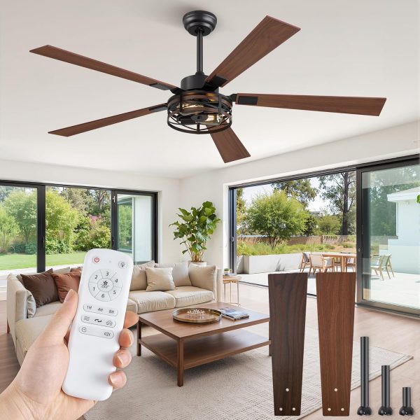 Farmhouse Ceiling Fans with Light, 60 Inch Bedroom Ceiling Fan with Lights, 6-Speed Adjustable, Quiet and Reversible DC Motor, Dual Finish 5 Blades, Rustic Caged Black Ceiling Fan for Living Room