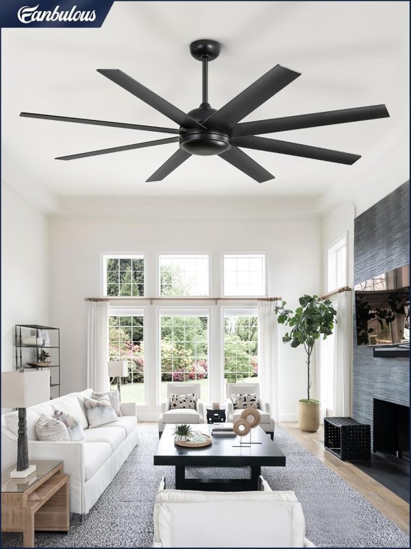 65 Inch Ceiling Fans, Black Indoor/Outdoor Ceiling Fan with Quiet Reversible DC Motor, 6 Speeds, 8 Blades Large Ceiling Fan for Living Room Bedroom Patio