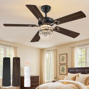 48 Inch Crystal Chandelier Fan with 22w LED, Fandelier Ceiling Fan with Light, Dimmable, 3CCT, 6-Speeds, Quiet DC Motor, Ceiling Fan Chandeliers, Modern Ceiling Fans for Bedroom, Living Room
