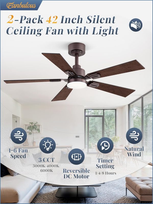 2 Pack of 42 Ceiling Fans with Lights and Remote, Modern Low Profile Ceiling Fans with Dimmable 3CCT Quiet DC Motor, Reversible Celing Fan with 6-Speeds Timer for Bedroom, Oil Bronze
