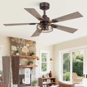 1 Pack Farmhouse 42 Inch Ceiling Fans with Lights, Industrial Caged Ceiling Fans for Bedroom Living Room, Double-Sided 5 Blades Rustic Ceiling Fan-Oil Bronze