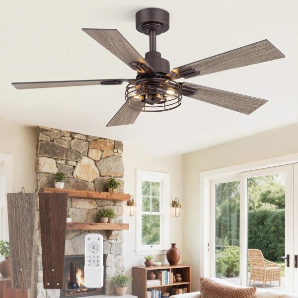 1 Pack Farmhouse 42 Inch Ceiling Fans with Lights, Industrial Caged Ceiling Fans for Bedroom Living Room, Double-Sided 5 Blades Rustic Ceiling Fan-Oil Bronze