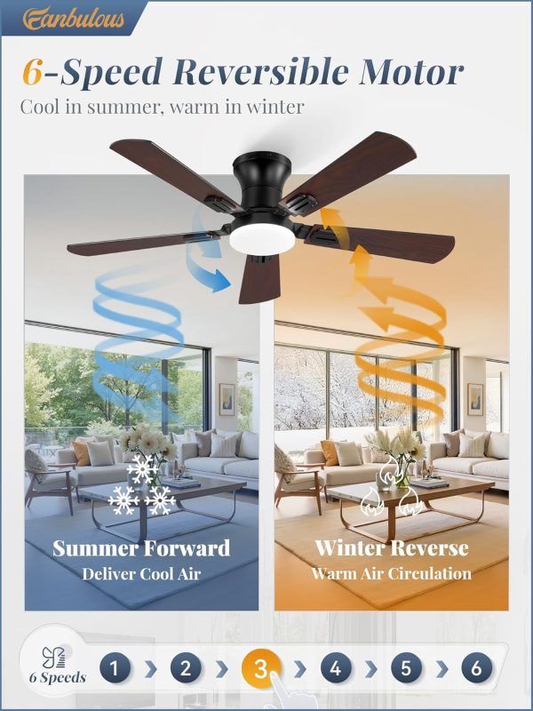 42 Inch Ceiling Fans with Lights and Remote, Low Profile Indoor Black Ceiling Fan with 6 Speeds & 3CCT, Flush Mount, Dual-Finish 5 Blades,Quiet DC Motor for Living Room Bedroom