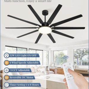 72 inch Large Ceiling Fans with Lights and Remote, Reversible DC Motor,3 CCT, 6 Speed, Modern Ceiling Fan for Living Room Patio, Black