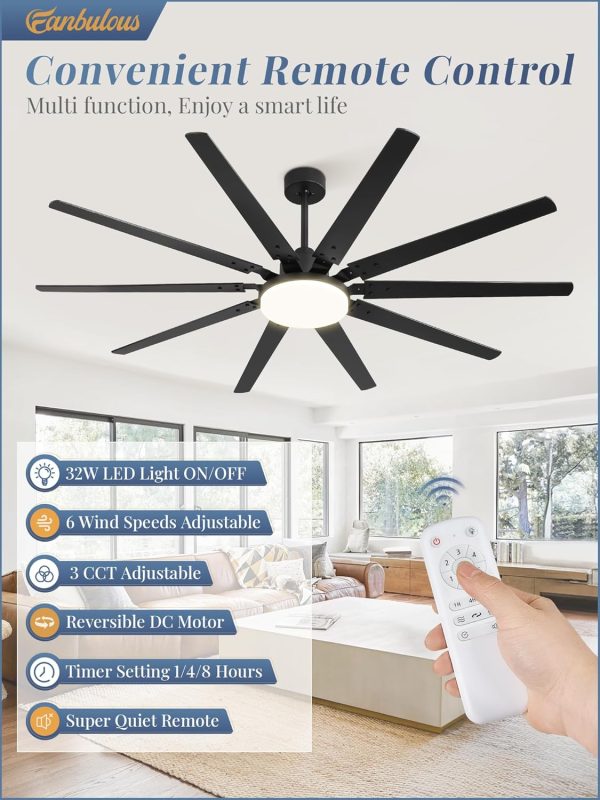72 inch Large Ceiling Fans with Lights and Remote, Reversible DC Motor,3 CCT, 6 Speed, Modern Ceiling Fan for Living Room Patio, Black
