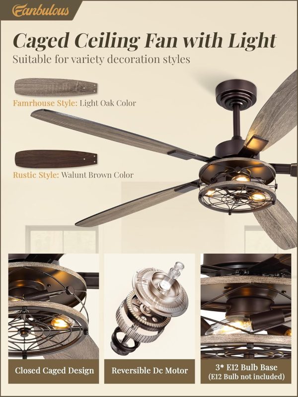 60 Inch Farmhouse Ceiling Fan with Light and Remote, Oil Bronze Industrial Flush Mount Ceiling Fans with 6 Speed Reversible Motor and Dual Finish 5 Blades, Rustic Ceiling Fan for Living room, Bedroom