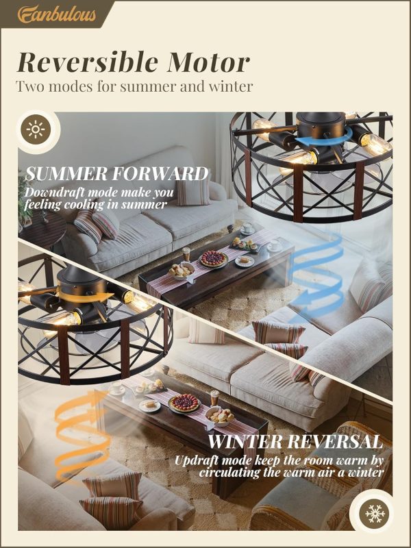 16in Caged Ceiling Fans with Lights and Remote, Fandelier Ceiling Fan with 6 Speeds and Timing, No Beep, Farmhouse Samll Fan Lights Ceiling Fixtures for Kitchen, Bedroom, Outdoor-Walnut