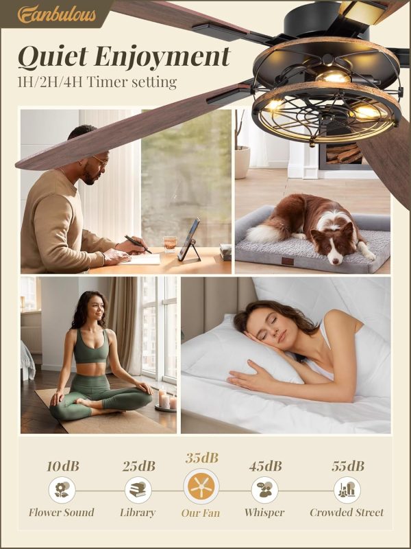 60 Inch Farmhouse Ceiling Fan with Light and Remote, Black Industrial Caged Flush Mount Ceiling Fans with 6 Speed Reversible Motor and Dual Finish 5 Blades, Rustic Ceiling Fan for Living room, Bedroom