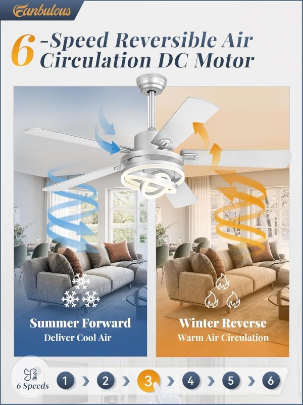 Modern Ceiling Fans with Lights,Silver Chandelier Fan with 6-Speed Dimmable LED and Quiet Reversible DC Motor,Rustic Fandelier Ceiling Fan with 5 Dual Finish Blades for Bedroom Living Room
