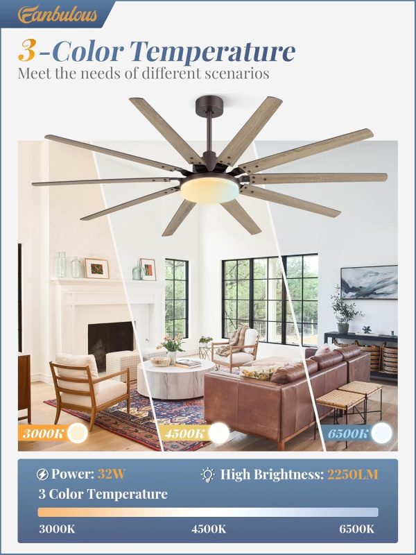 72 inch Large Oil Rubbed Bronze Ceiling Fans with Lights and Remote, Indoor/Outdoor Farmhouse Ceiling Fan with 10 Blades, 32W LED light 3 CCT, 6 Speed Reversible Quiet DC Motor, Dual Finish Blades