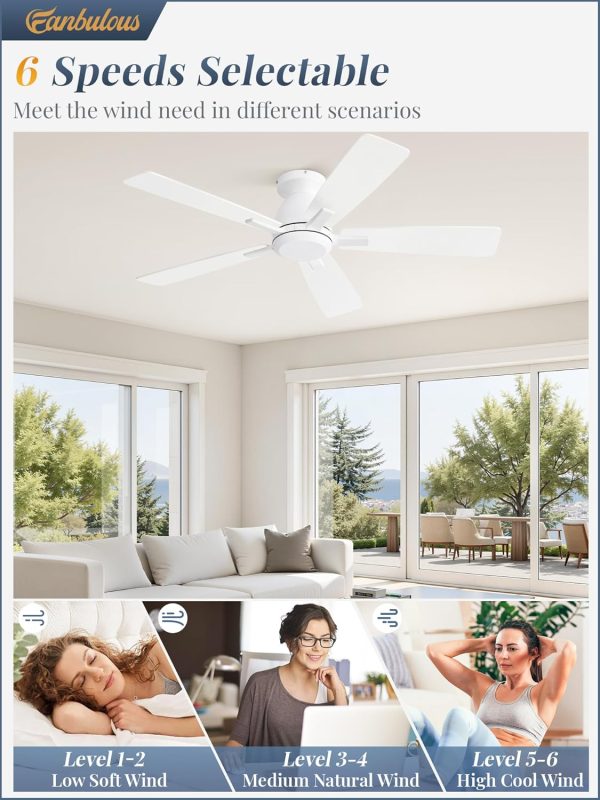 46 Inch Flush Mount Ceiling Fan No Light with Remote,White Modern Low Profile Ceiling Fan Without Light,6-Speeds,Quiet Reversible DC Motor,Indoor&Outdoor Ceiling Fans for Bedroom,Living Room