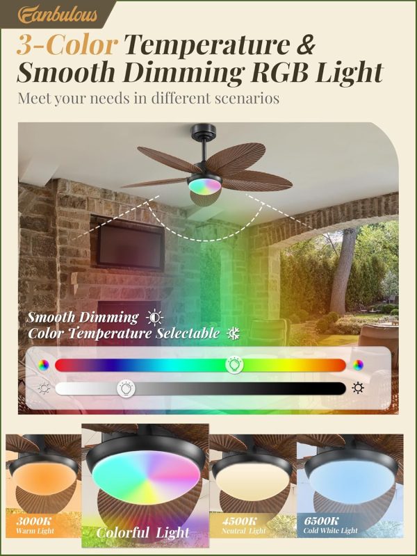 Tropical Ceiling Fans with Lights and Remote/APP Control, 42 Inch Palm Leaf Ceiling Fan with RGB Dimmable Light, Noiseless Modern Ceiling Fan for Bedroom, Indoor/Outdoor Patio Use