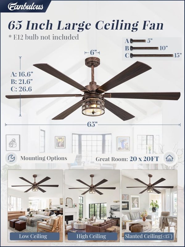 Farmhouse Ceiling Fans with Lights and Remote,Industrial Large Ceiling Fan with 6-Speed Reversible DC Motor and 6 Dual Finish Blades,Black Ceiling Fan with Light for Living bedroom Patio