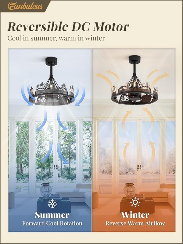 20 Inch Farmhouse Rustic Ceiling Fan with Light and Remote, Black Chandelier Fan with Bear and Deer Design,Summer Sand Beach Design,Rustic Chandeliers for Living Room, Bedroom