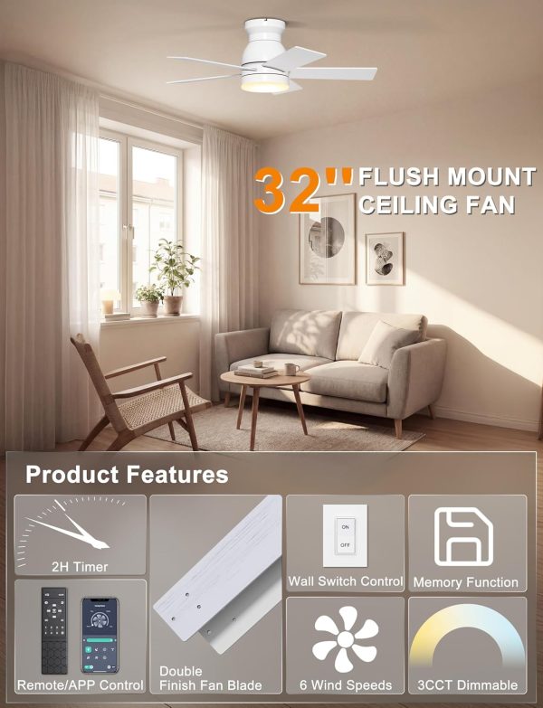 Ceiling Fans with Lights, 32 Inch Low Profile Ceiling Fan with Light and Remote/APP Control, Flush Mount, Dimmable, Qiuet DC Motor, White Small Indoor Ceiling Fan for Bedroom, Kitchen