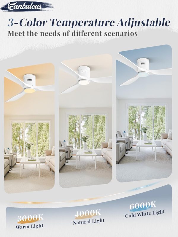 Ceiling Fans with Lights and Remote Control,Modern Flush Mount Ceiling Fan with 3 CCT,Low Profile Ceiling Fans with 6-Speeds Reversible DC Motor for Patio Living Room Bedroom(White)
