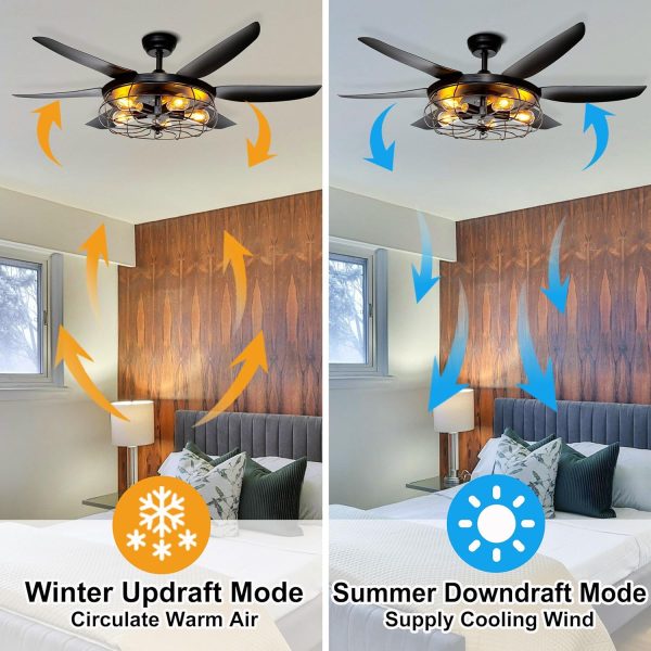 Ceiling Fans with Lights and Remote - 52 Inch Farmhouse Ceiling Fan with Caged Light Fixture - Black Industrial Outdoor Ceiling Fan Lights for Patio, Living Room, Kitchen & Bedroom
