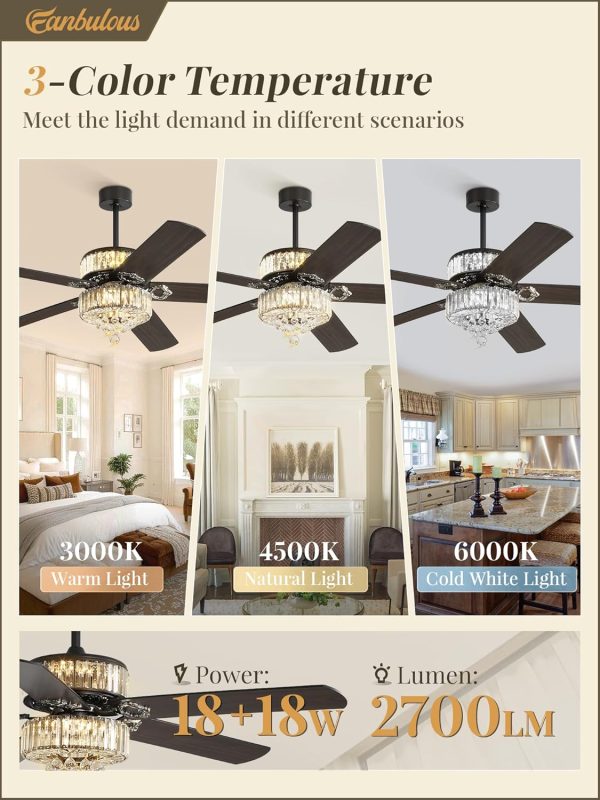 60 Inch Fandelier Ceiling Fan with Double-layer LED Light, Black Chandelier Fan, 3CCT, 6-Speeds, Quiet DC Motor, Ceiling Fan Chandeliers, Modern Ceiling Fans for Bedroom, Living Room
