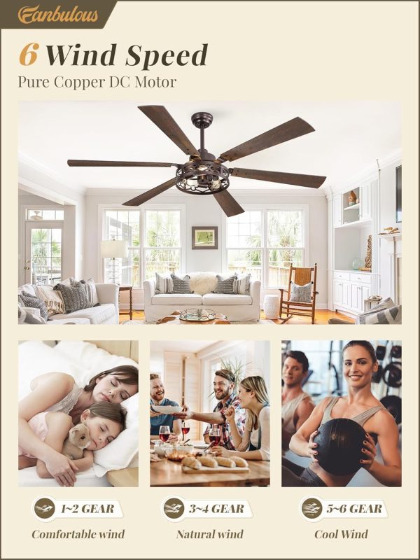 65 Inch Ceiling Fan with Lights, Farmhouse Caged Ceiling Fans with Remote,Oil Bronze Industrial Ceiling Fans with Quiet Reversible DC Motor, Large Ceiling Fan for Living Room, Bedroom