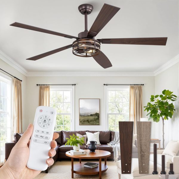 Farmhouse Ceiling Fans with Light, 60 Inch Bedroom Ceiling Fan with Lights, 6-Speed Adjustable, Quiet and Reversible DC Motor, 5 Dual Finish Blades, Rustic Caged Ceiling FanOil Bronze