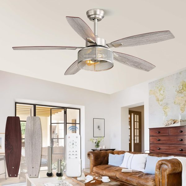 Farmhouse Brushed Nickel Ceiling Fans with Lights and Remote, 52 Inch Bedroom Caged Ceiling Fans for Living Room Kitchen6 Speed Reversible Quiet DC Motor, Dual Finish 5 Blades